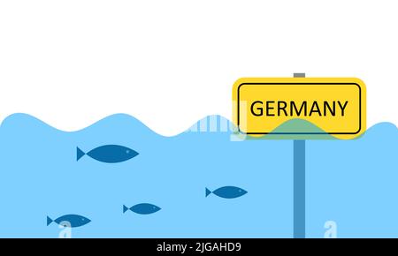 Stadt unter Wasser. Das Schild liegt zur Hälfte im Wasser. Extreme klimatische Situation Stock Vektor