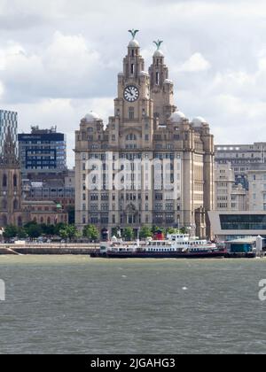 Lebergebäude mit der Mersey Ferry von der anderen Seite des Flusses Mersey Stockfoto