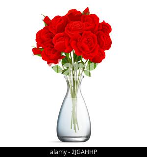 Realistische Glasvase mit Strauß roter Rose auf weißem Hintergrund isoliert Vektor-Illustration Stock Vektor