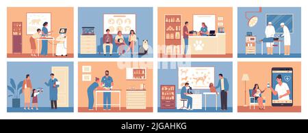 Tierklinik Satz von flachen Farbkompositionen illustrierte Gesundheitsversorgung für Haus-und Wildtiere isoliert Vektor-Illustration Stock Vektor