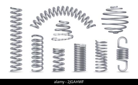Metallfeder Silber realistisches Set mit Wirbeln isoliert Vektor-Illustration Stock Vektor