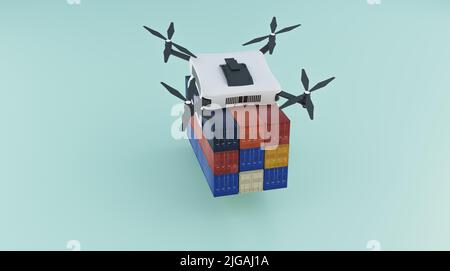 Lieferung Drohne hält kleine Fracht, Lieferung Logistik Geschäftskonzept, 3D Abbildungen Rendering Stockfoto