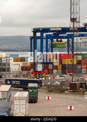 Belfast Docks, die gestapelte Container und Lastwagen zeigen, die darauf warten, verladen zu werden. Stockfoto