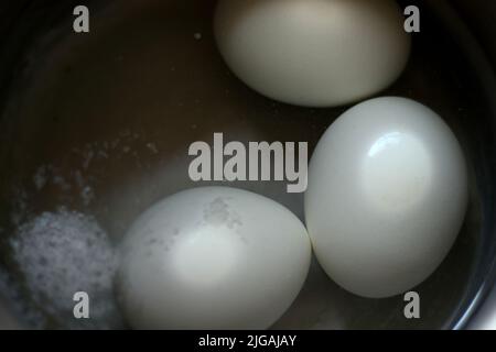 Drei gekochte Eier in einem mit heißem Wasser gefüllten Edelstahltopf Stockfoto