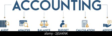 Accounting Banner Web-Symbol Vektor Illustration Konzept für Unternehmen und Finanzen mit einem Symbol für die Prüfung, Analyse, Bilanz, Budget, Berechnung Stock Vektor