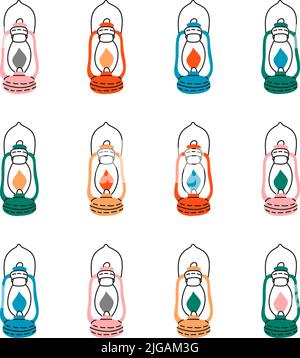 Alte Gaslampe eingestellt. Vintage Öl Laterne mit brennendem Docht und Halter. Poster mit farbigen Gaslampen Stock Vektor