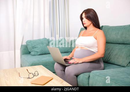 Schwanger junge Frau, die zu Hause mit ihrem Laptop auf dem Sofa arbeitet. Stockfoto