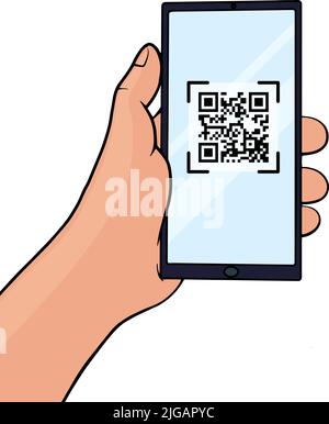 Hand hält ein Mobiltelefon mit QR-Code auf dem Bildschirm. Scannen von QR-Codes im Smartphone im Zeilenscanner. Barcode-Scanner für Bezahlung, Web, App, Promo. Vektorgrafik. Stock Vektor