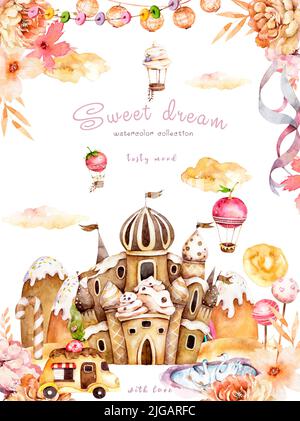 Sweet Dream Aquarell Illustration. Süßwaren. Ein lustiger Urlaub. Burgkuchen, Karamell, Süßigkeiten, Ballons, Kuchen, Erdbeere, Eismaschine, Wolken Stockfoto