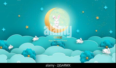 Vollmond mit einem Kaninchen in den Wolken. Hüpfende Hasen. Happy Mid-Herbstfest Chuseok. Übersetzung des Hieroglyph-Mid-Herbstfestivals. Vektor Stock Vektor