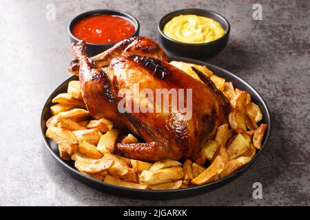 Peruanisches gegrilltes Huhn Pollo a La Brasa mit gebratener Kartoffel und Saucen in der Nähe auf dem Teller auf dem Tisch. Horizontal Stockfoto