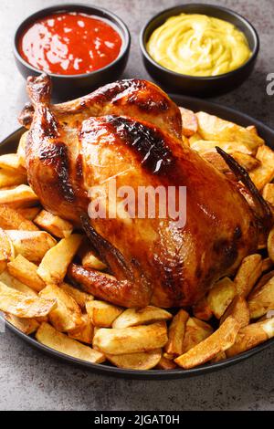 Pollo a la Brasa Peruanisches Brathähnchen mit gebratener Kartoffel und Saucen in der Nähe auf dem Teller auf dem Tisch. Vertikal Stockfoto