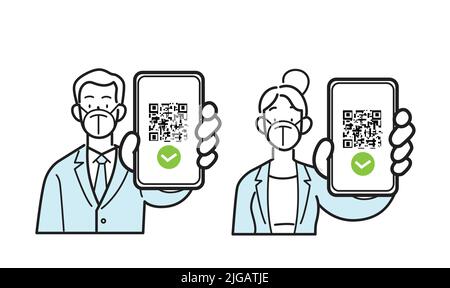 Liniensymbole isolierter Vektor. Mitarbeiter mit Geschäftskleidung, die FFP2 kn95 Masken tragen und das Smartphone mit qr-Code auf dem Bildschirm halten. Stock Vektor