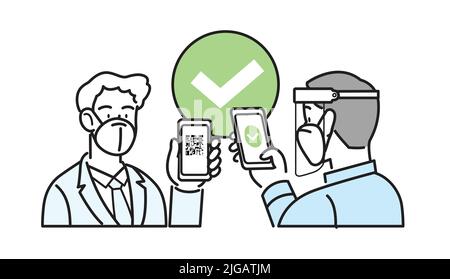 Isolierter Vektor mit Liniensymbol. Ein Angestellter im Business-Anzug trägt eine FFP2 kn95-Zoll-Maske und hält das Smartphone mit qr-Code auf dem Bildschirm. Digitaler Sanitär-Pass. Stock Vektor
