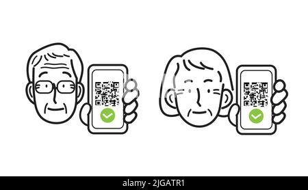 Vektorlinien-Symbole Covid Prevention Set. Alter Mann und alte Frau halten Smartphone mit qr-Code auf dem Bildschirm. Digitale Pass-Prüfung auf Hygiene. EU-Grünpass. Stock Vektor