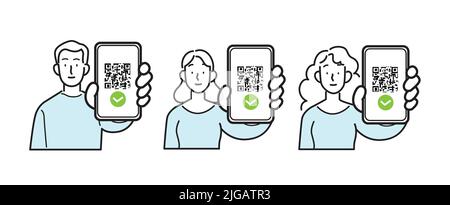 Liniensymbole Vektor isolierter Satz. Mann und Frau halten Smartphones mit qr-Code auf dem Bildschirm. Digitaler Sanitär-Pass-Check, eu-Green-Pass, Health-Pass. Stock Vektor