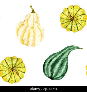Aquarell Nahtloses Muster mit Kürbissen. Herbstdesign für Thanksgiving und Halloween. Design für Menüs, Abdeckungen und Verpackungen. Bio-Gemüse Stockfoto