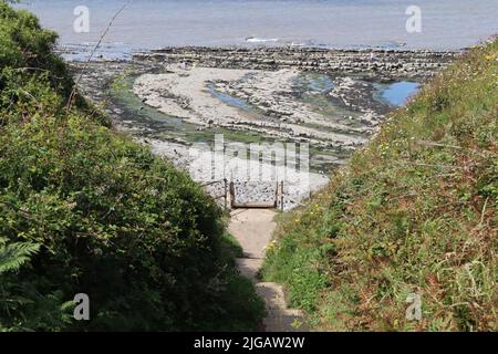 Stufen führen dow zum Kilve Beach in der Nähe von East Quantoxhead in Somerset, England. Gesteinsschichten aus der Jurazeit bilden entlang gesprungene Gehwege Stockfoto