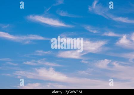 Sommerlicher blauer Himmel, Zirruswolken. Schönheit, klar, bewölkt in der Sonne. Stockfoto