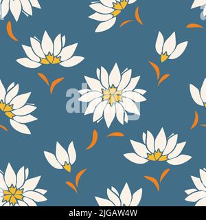 Nahtloses Vektor-Muster mit Gänseblümchen auf blauem Hintergrund. Schlichtes sommerliches florales Tapetendesign. Dekorative Vintage Blüte Mode Textil. Stock Vektor