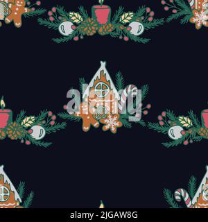 Nahtloses Vektor-Muster mit Lebkuchenhaus und Kerze auf schwarzem Hintergrund. Einfaches Tapeten-Design der Weihnachtszeit. Stock Vektor