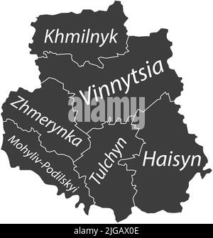 Dunkelgrau getaggte Karte von Raionen des OBLAST WINNYZJA, UKRAINE Stock Vektor