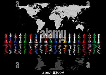 G20 Länderflaggen übermalen den Schachkönig. 3D Illustration. Weltkarte im Hintergrund. Stockfoto
