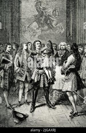 Die 1906 Bildunterschrift lautet: „PETER UMARMT LOUIS XV VON FRANKREICH. – Auf seinen Reisen durch Europa kam Peter an den französischen Hof [das war 1717], wo der König, Ludwig XV., noch ein Kind war. Petrus behielt sorgfältig die würde eines höheren Ranges gegenüber allen französischen Höflingen, sogar dem Prinzregenten, aber gegenüber dem kleinen Ludwig zeigte er eine viel bewunderte Mischung aus der Überlegenheit des Alters, der Gleichheit des Ranges und dem Respekt, der den mächtigsten europäischen Monarchen gebührt.“ Stockfoto