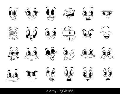 Retro Cartoon und Comics Figuren lustige Gesichter Vektor-Set. 30s, 50s, 60s alte Animation Augen und Mund Elemente. Gesichter im Vintage-Comic-Stil für das Logo. Emoticon mit verschiedenen glücklichen und traurigen Emotionen. Stock Vektor