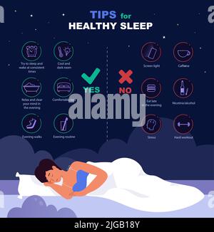 Infografik zu Tipps für gesunden Schlaf. Ursachen von Schlaflosigkeit und guter Schlaf Regeln. Frau schläft auf Kissen Vektor-Illustration. Tipps zur gesunden Pflege für einen guten Schlaf mit der Vorlage für die richtige und falsche Verhaltensliste. Stock Vektor