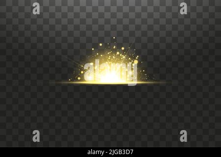 Glänzende goldene Sterne isoliert auf transparentem Hintergrund. Effekte, Blendung, Linien, Glitzer, Explosion, goldenes Licht. Vektorgrafik. Stock Vektor
