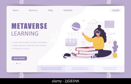 Metaverse Learning Landing Page-Vorlage. Frau in VR-Brille sitzend und Bücher lesend. Moderne Technologie für Bildung. Vektorgrafik in flacher Form Stock Vektor
