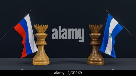 Russische Flagge und El Salvador Flagge und Schachkönig auf Schachbrett, Russland vs El Salvador Länder politischer Konflikt und Kriegskonzept, 3D Arbeit und 3D imag Stockfoto