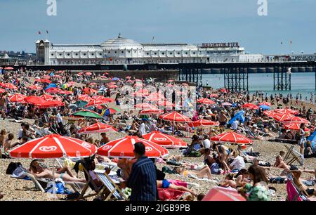 Brighton UK 9. July 2022 - die Massen am Brighton Beach bei schönem, heißem Sonnenschein, da für Teile Großbritanniens in der nächsten Woche eine Hitzewelle prognostiziert wird. : Credit Simon Dack / Alamy Live News Stockfoto