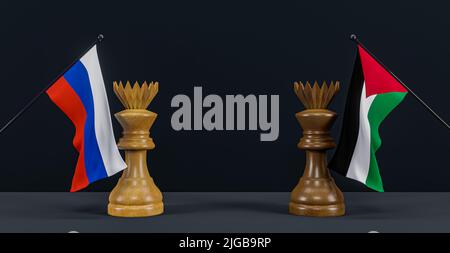 Russland-Flagge und Palästina-Flagge und Schachkönig auf Schachbrett, Russland vs. Palästina-Länder politischer Konflikt und Kriegskonzept, 3D Arbeit und 3D Bild Stockfoto