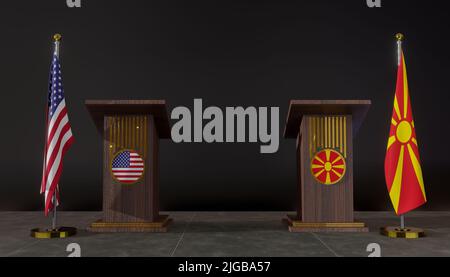 Flagge der USA und Nordmakedonien. Verhandlungen zwischen den USA und Nordmakedonien. Rostrum für Reden. 3D Arbeit und 3D Bild Stockfoto