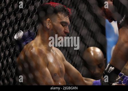 PHOENIX, AZ - 8. JULI: Austin Wourms und Lucas Clay treffen sich am 8. Juli 2022 in Phoenix, Arizona, USA, im Achteck zu ihrem Leichtbau-Kampf auf der LFA 135 im Arizona Federal Theatre. (Foto: Alejandro Salazar/PXImages) Stockfoto