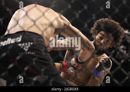 PHOENIX, AZ - 8. JULI: Austin Wourms und Lucas Clay treffen sich am 8. Juli 2022 in Phoenix, Arizona, USA, im Achteck zu ihrem Leichtbau-Kampf auf der LFA 135 im Arizona Federal Theatre. (Foto: Alejandro Salazar/PXImages) Stockfoto