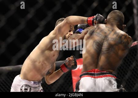 PHOENIX, AZ - 8. JULI: Am 8. Juli 2022 treffen sich am LFA 135 im Arizona Federal Theatre in Phoenix, Arizona, USA, im Achteck zu ihrem Flyweight-Kampf. (Foto: Alejandro Salazar/PXImages) Stockfoto