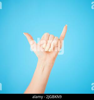 Hey, was ist da? Studioaufnahme einer nicht erkennbaren Frau mit einem shaka-Handzeichen vor blauem Hintergrund. Stockfoto