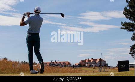 Cameron Tringale auf dem 2. T-Shirt am dritten Tag der Genesis Scottish Open im Renaissance Club, North Berwick. Bilddatum: Samstag, 9. Juli 2022. Stockfoto