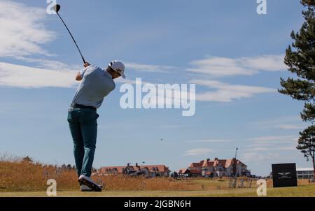 Cameron Tringale auf dem 2. T-Shirt am dritten Tag der Genesis Scottish Open im Renaissance Club, North Berwick. Bilddatum: Samstag, 9. Juli 2022. Stockfoto