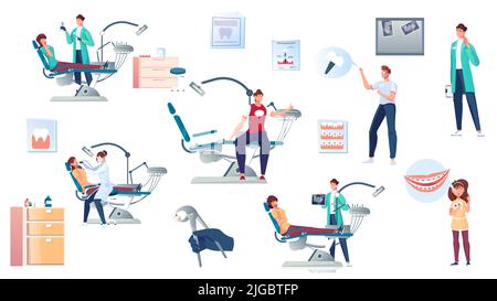 Zahnmedizin Set mit flachen Symbolen von medizinischen Hilfsgütern und Geräten mit Zeichen von Zahnärzten mit Patienten Vektordarstellung Stock Vektor