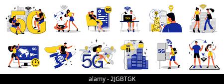 Flache Symbole mit Menschen, die 5G Internet zu Hause arbeiten und im Freien isolierte Vektor-Illustration gesetzt Stock Vektor