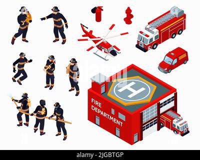 Isometrische Symbole der Feuerwehr, die mit Feuerwehrleuten in einheitlicher Ausrüstung und einem speziellen Transport von rot-isolierter Vektordarstellung versehen sind Stock Vektor