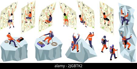 Isometrisches Klettern Bergsteigen Set mit isolierten Ikonen von Athleten hängen an Wänden an Seilen mit Ausrüstung Vektor Illustration Stock Vektor