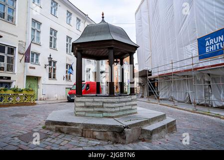 Blick auf den Cat's Well in der Rataskaevu Street und auf Gebäude in der historischen Altstadt Stockfoto