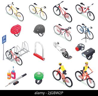 Fahrrad isometrischen Satz von isolierten Ikonen von Fahrrädern verschiedener Modelle Helme Schmierstoffe und Parkplatz Einrichtung Vektor Illustration Stock Vektor