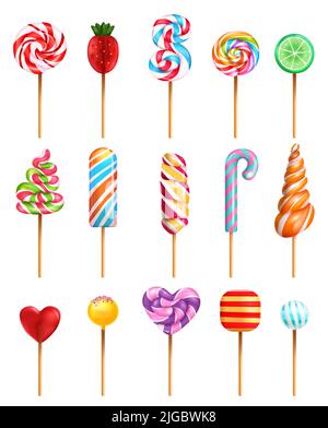 Lollipop Süßigkeiten verschiedenen Geschmack Geschmack Form Spirale Regenbogen Erdbeere Herz grün Limette Scheibe realistische Set Vektor Illustration Stock Vektor