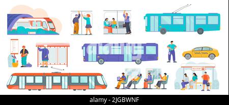 Öffentlicher Nahverkehr flach mit Straßenbahn Bus Haltestelle Zeitplan Trolleybus U-Bahn Zug Taxi Passagiere isoliert Vektor-Illustration Stock Vektor